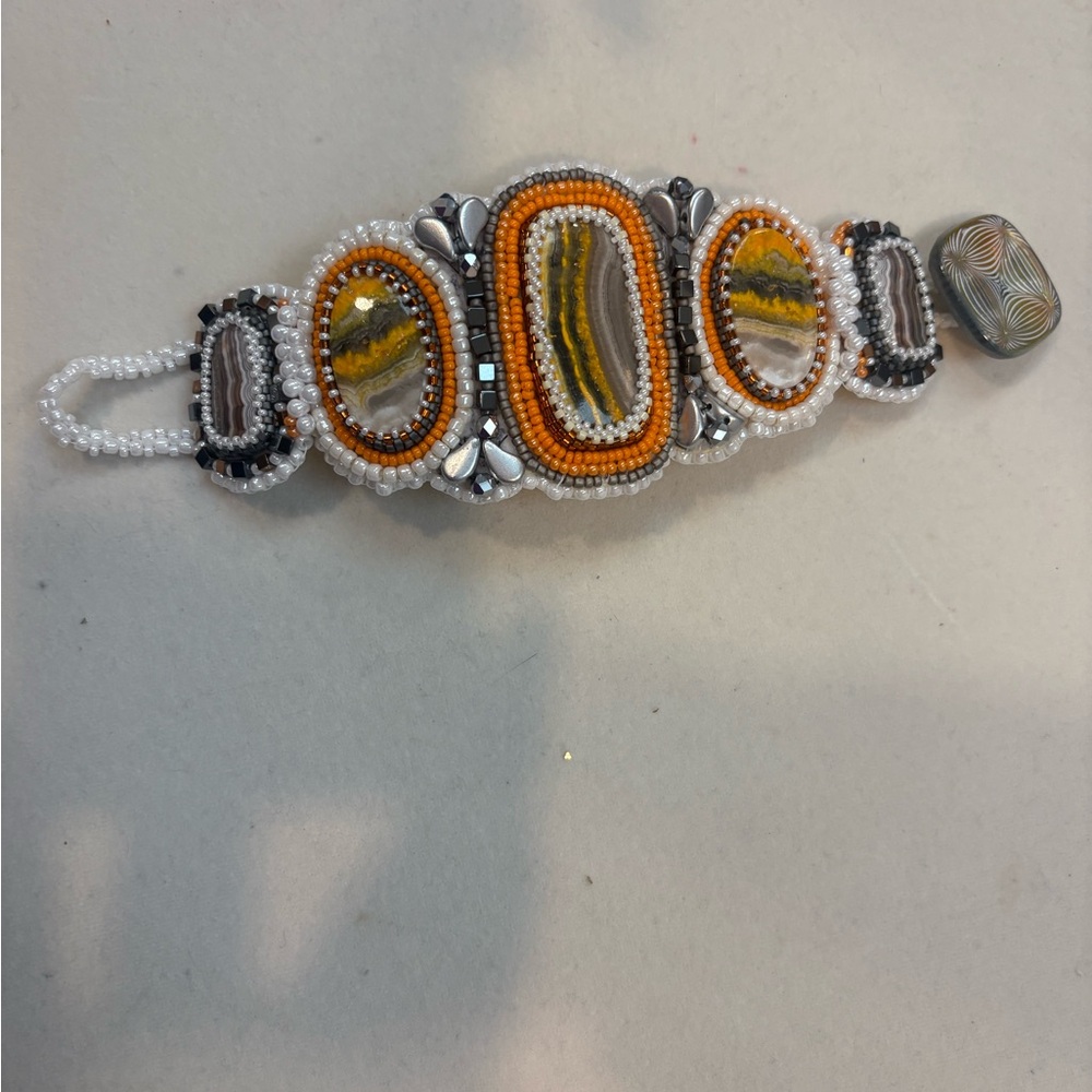 Handcrafted Beaded Bracelet - Orange, White, Silver
